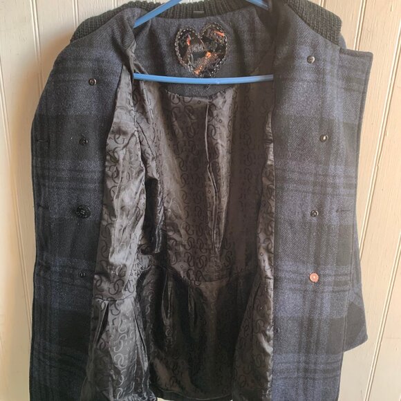 Guess Women's Blue Black Plaid Double Breast Wool Pea Coat Knit Collar Military - Picture 6 of 16